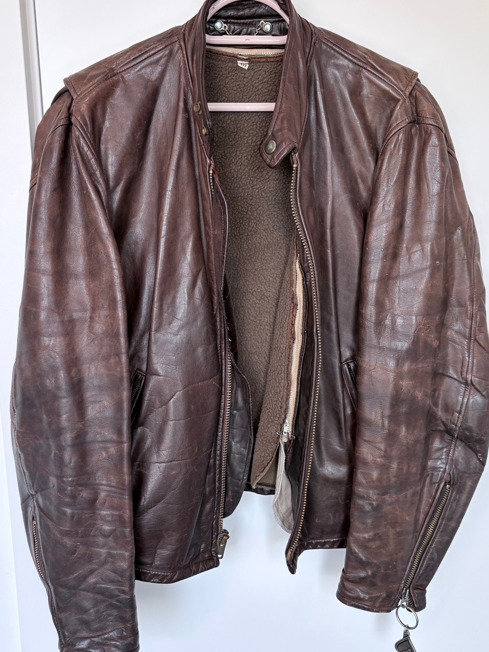 Vintage Distressed Brown Leather Jacket with Sherpa Lining